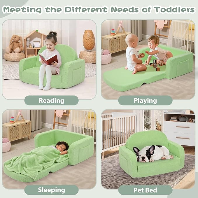 Extra Wide Kids Couch, 2-in-1 Soft Toddler Couch with Blanket, Comfy Toddler Chair, Convertible Sofa to Lounger, Gifts for Kids Girl Boys, Green