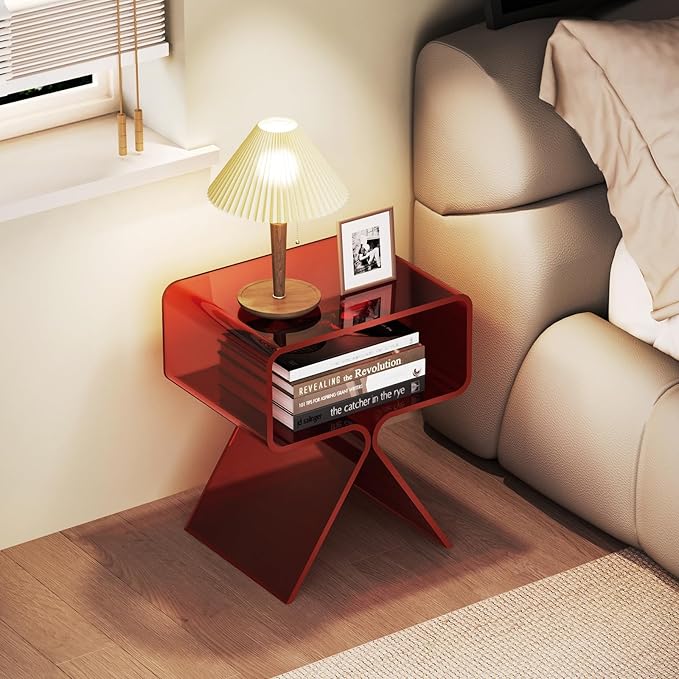 Acrylic Nightstand Side Table Modern Design Clear Home Decor Display End Table for Living Room (Red)
