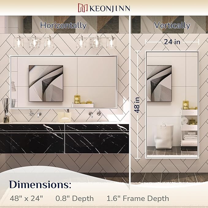 Keonjinn 48 x 24 in Brushed Silver Bathroom Vanity Mirror Rectangular Metal Framed Mirror for Wall Modern Farmhouse Rectangle Mirror Decorative Silver Mirror for Bathroom Sink(Horizontal/Vertical)