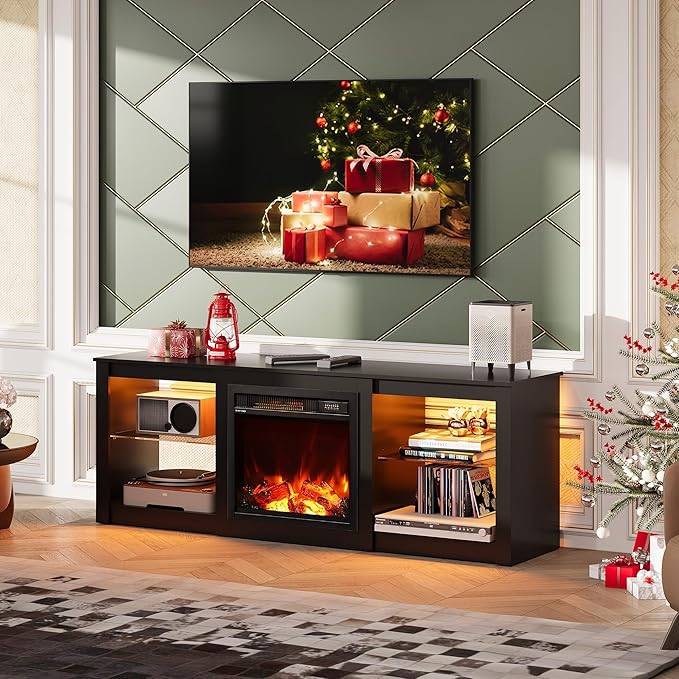 WLIVE 58 Inches Fireplace TV Stand with LED Lights, Modern Entertainment Center with 18'' Electric Fireplace & Adjustable Glass Shelves, Sturdy Media Console for Living Room, Bedroom,Gaming (Black)