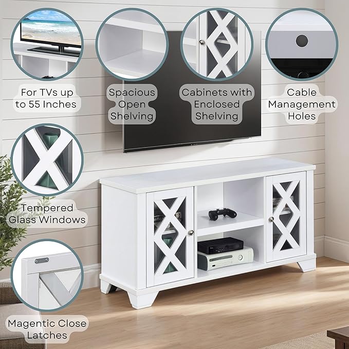 Convenience Concepts Gateway TV Stand 47.25" - Family Room Entertainment Center with Storage Cabinets and Shelves, Traditional TV Console for Living Room, Office, White