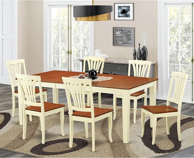 East West Furniture QUAV7-WHI-W 7 Piece Dining Table Set Consist of a Rectangle Dining Room Table with Butterfly Leaf and 6 Wooden Seat Chairs, 40x78 Inch, Buttermilk & Cherry