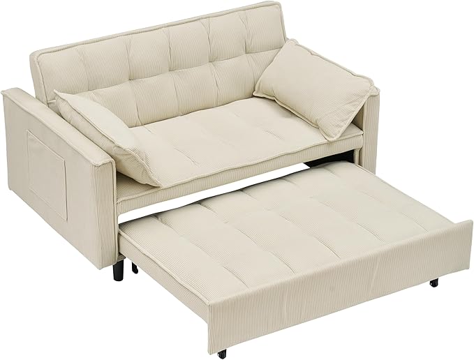 Ball & Cast Convertible Sofa Bed,Pull Out Loveseat Sleeper Sofa,Convertible Pull Out Couch W/ 2 Pillows,Adjustable Backrest & Side Pocket,Corduroy Futon Couches for Living Room,Apartment,Beige,54"