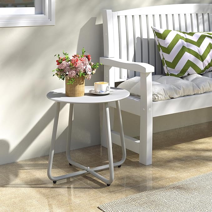 HollyHOME Round Metal Side Table, Rust-Resistant Patio Small Plant Stand, Outdoor 17.32'' Portable End Table for Balconies, Gardens, Living Rooms and Bedrooms, Grey