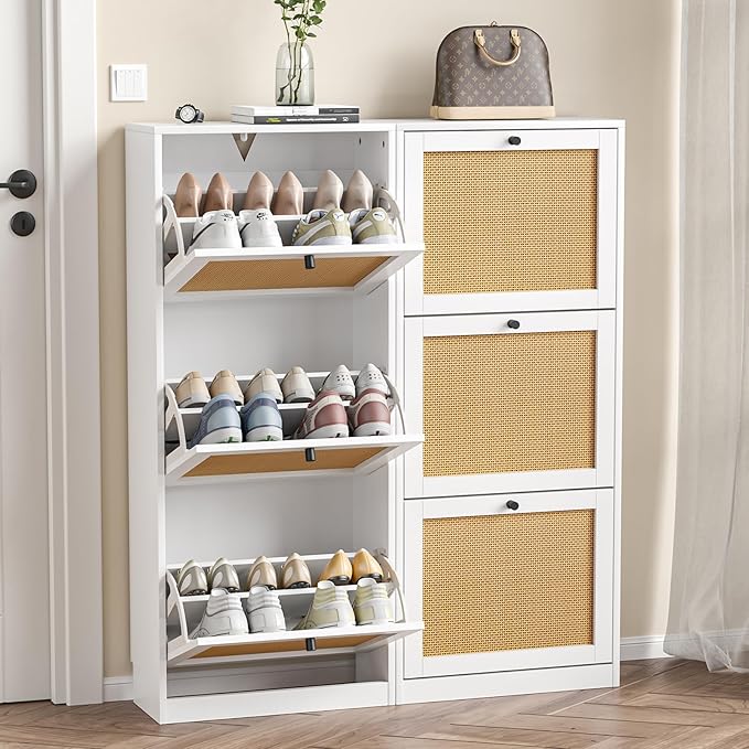 Rattan Shoe Cabinet with 3 Flip Drawers,Narrow Shoe Rack Cabinet with Adjustable Shelves,3 Tier Shoe Storage Organizer for Hallway,Entrance,White