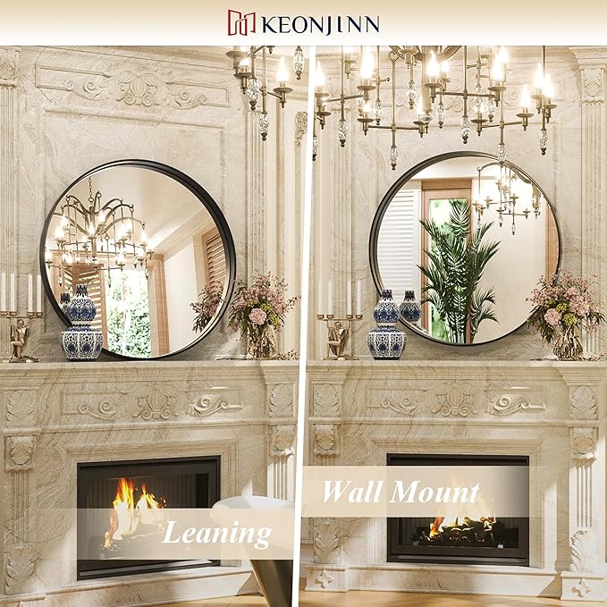 Keonjinn Black Round Mirror 24 Inch, Brushed Black Framed Circle Mirror for Bathroom, Aluminum Alloy Metal Frame, Modern Farmhouse Decorative Wall Mirror for Entryway, Living Room