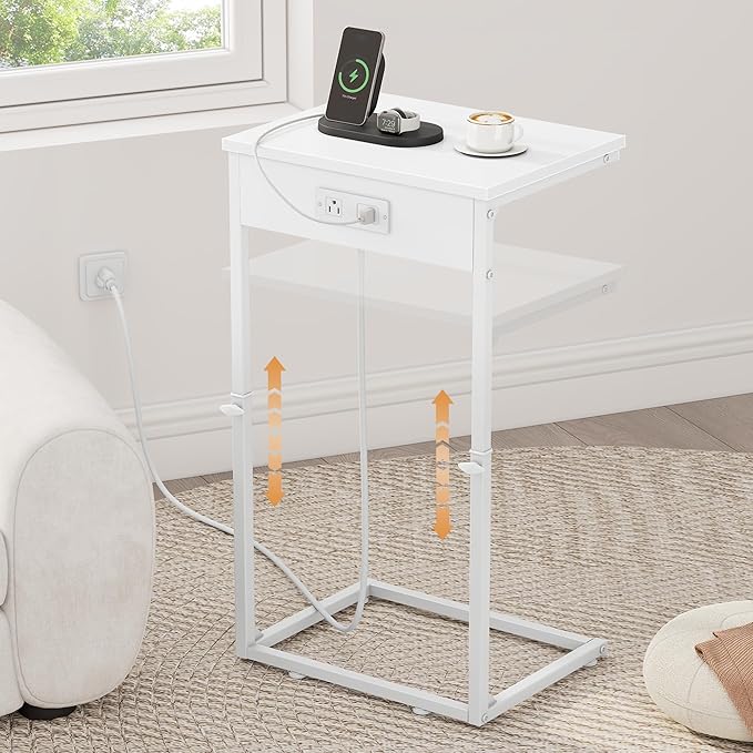 Vagusicc C Shaped End Table with Charging Station, Adjustable Height Side Table for Couch, Small End Table Small Spaces, 33.2'' Tall Couch Tables that Slide Under, Tv Tray Table for Living Room, White