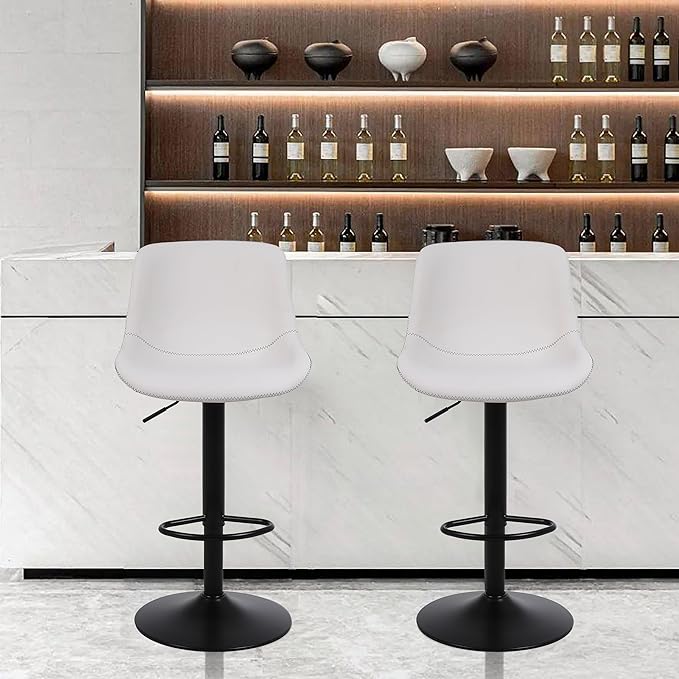 Bar Stools, Swivel Counter Height Barstools with Back, Adjustable Modern Bar Chairs, Tall Armless PU Leather Kitchen Island Stool (White, Set of 2)