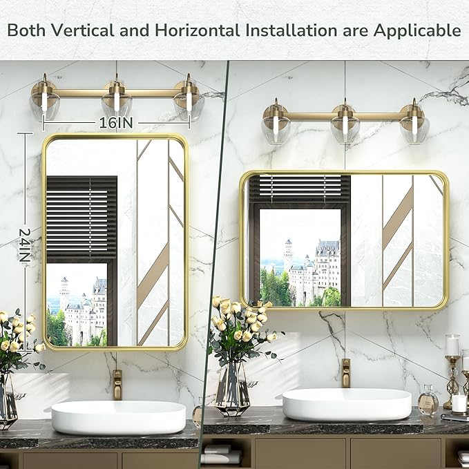 TokeShimi 16x24 Gold Bathroom Wall Mirror Vanity Metal Frame Round Corner Rectangular for Home Decor Living Room Entryway (Horizontal/Vertical)