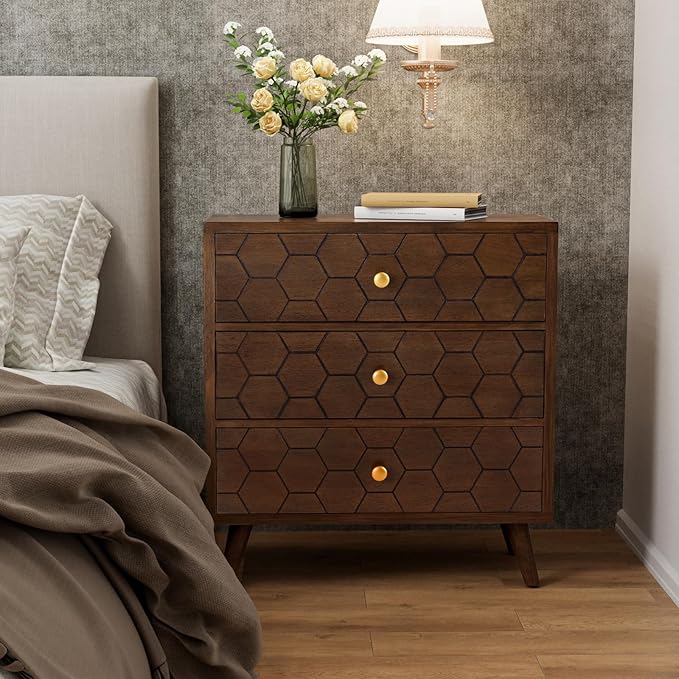 COSIEST Modern End Table w 3 Storage Drawers, Night Stand w Honeycomb Pattern, Small Wood Chest, Accent Cabinet for Bedroom, Living Room