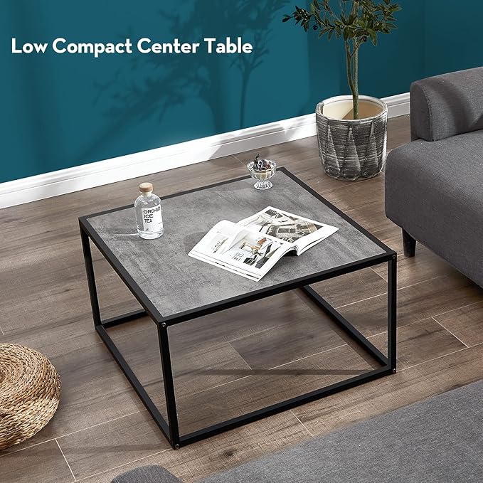 SAYGOER Small Coffee Table Square Modern Coffee Tables for Small Space Low Center Table for Living Room Office, Wood Top with Metal Frames, Easy Assembly, Gray Wood