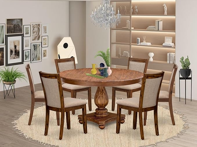 F2MZ7-50N-04 7-Pc Wooden Dining Set Includes a Pedestal Table and 6 Light Tan Polyester Parson Chairs with Padded Back - Antique Walnut