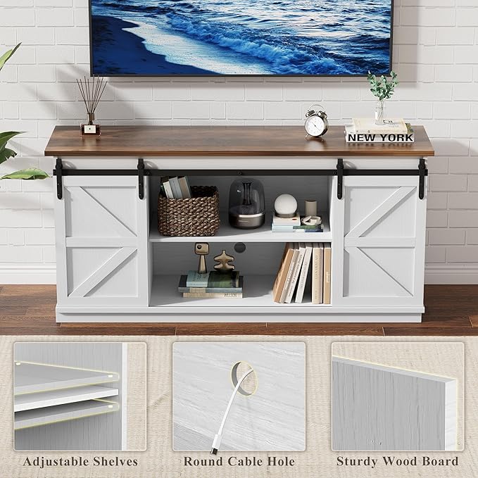 YESHOMY Farmhouse TV Stand for Televisions up to 65 Inches, Sliding Barn Doors and Storage Cabinets, Console Table and Media Furniture for Living Room, 58 Inch, Milk White