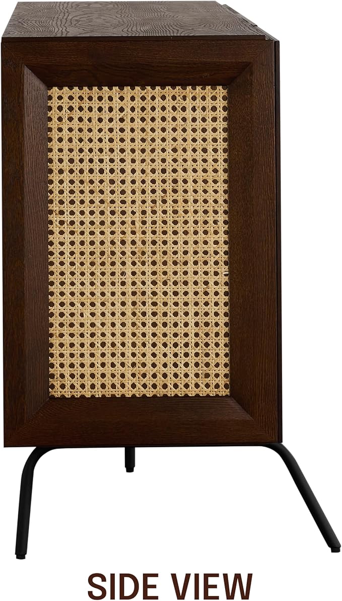 NTC MOSSIC Modern Sideboard with 3 Doors, Natural Rattan Storage Cabinet, Buffet with Metal Legs, Boho Accent Cabinet for Living Room, and Entryway, Effortless Assembly - Dark Walnut