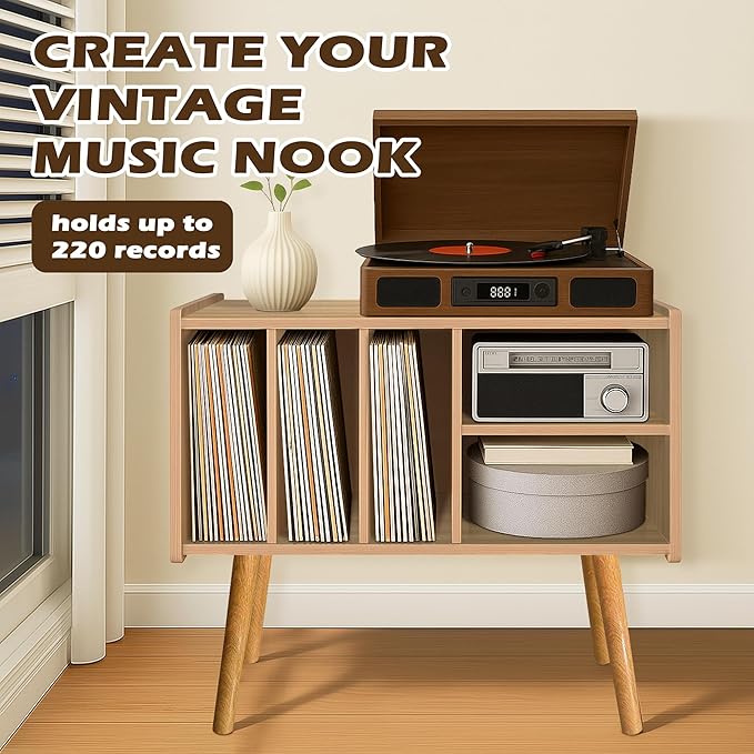 Record Player Stand with Vinyl Storage, Wooden Record Player Table with 5 Cabinet, Large Vinyl Record Player Stand, Record Player Holder, Record Player Shelf for Office Living Room, Oak