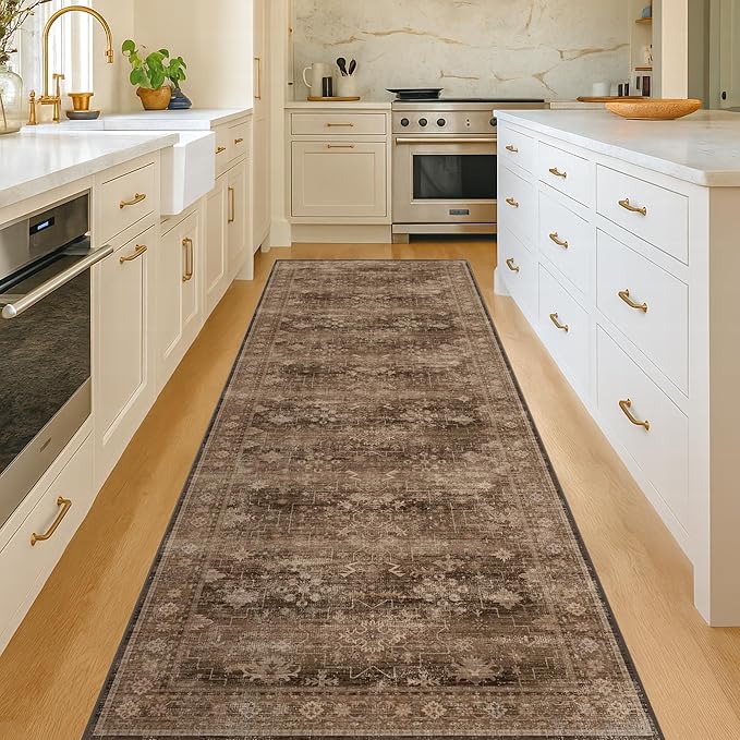 Brown Neutral Boho Washable 3x12 Extra Long Hallway Runner Rug, Waterproof Large Kitchen Floor Rug Indoor, Non-Slip Stain & Fade Resistant, Vintage Dark Earthy Taupe Decor