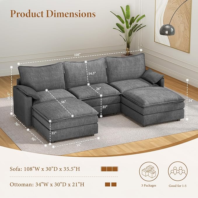 Vesgantti 108" U Shaped Sectional Couch, Comfy Cloud Modular Sectional Sofa with 2 Ottoman Deep Seat Chenille Modern Cloud Sofa, Modular Sofas for Living Room, Bedroom and Apartment, Gray