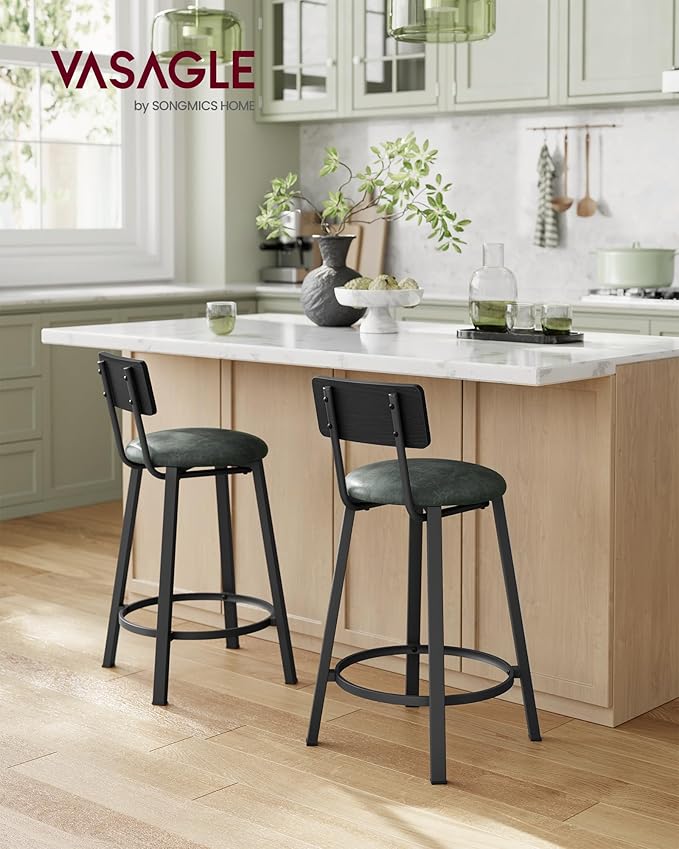 VASAGLE Bar Stools, Set of 2 PU Upholstered Breakfast Stools, 29.7-Inch Barstools with Back and Footrest, Simple Assembly, for Dining Room Kitchen Counter, Classic Black and Forest Green ULBC059C01