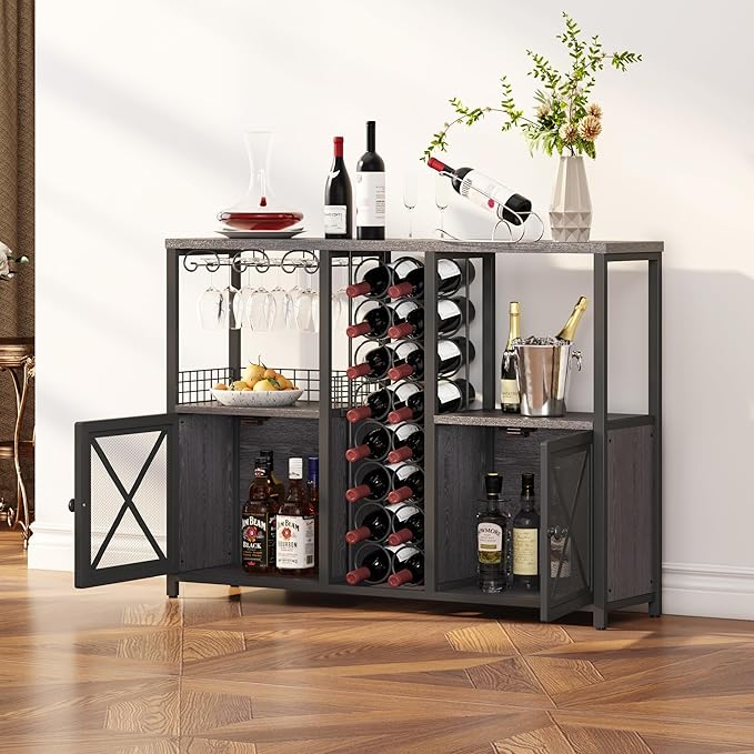 Homeiju Mini Bars for Home, Wooden Coffee Bar Cabinet, Modern Liquor Cabinet for Liquor and Glasses, Farmhouse Buffet Wine Bar Cabinet with Storage Sideboard for Home Kitchen Dining Room (Deep Grey)