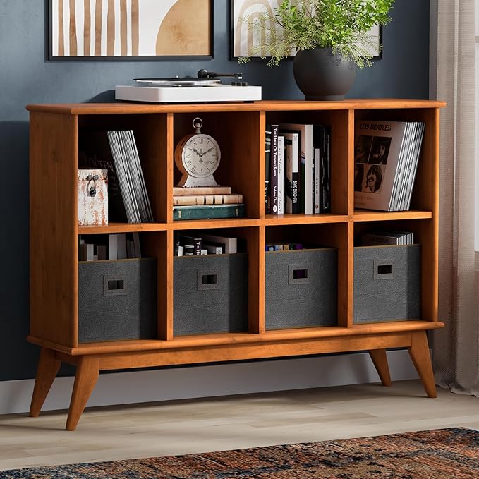 SIMPLIHOME Draper Console Table - 57 Inch Wide Solid Hardwood 8-Cube Sofa Table in Teak Brown, Mid-Century Modern Bookcase for Entryway or Living Room with 8 Open Storage Cubbies and Tapered Legs