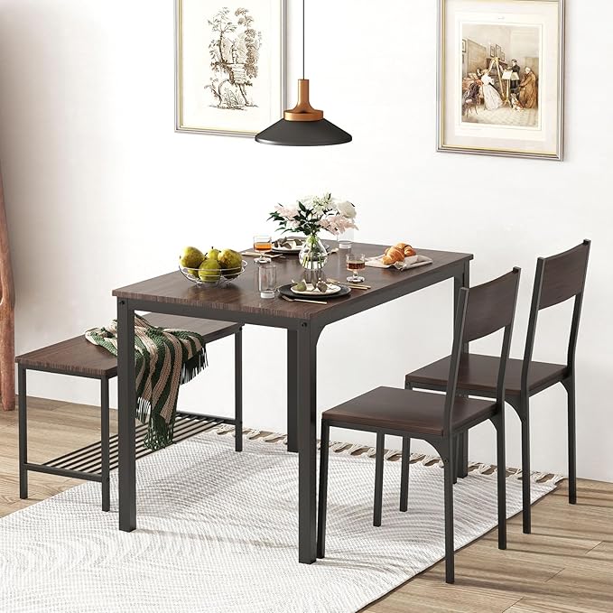 soges 4-Piece Dining Table Set with Bench - 4 Person Kitchen Table and 2 Chairs for Small Spaces, Apartment - Metal Frame & Woodgrain Tabletop, Space-Saving Design, Durable & Easy to Clean, Dark Oak