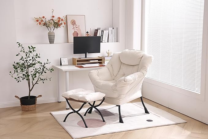 Lazy Chair with Ottoman, Modern Chair with Folding Footrest, Lounge Accent Chair, Comfortable Reading Chair, Oversized Armchairs for Bedroom, Study, Living Room, Courtyard (Beige)