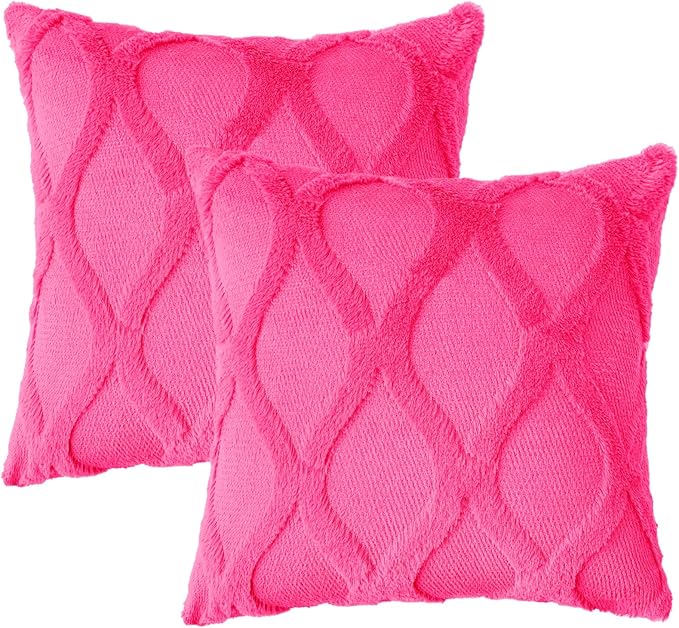 decorUhome Throw Pillow Covers 16x16 Inch Set of 2, Soft Plush Faux Fur Wool Hot Pink Couch Pillow Covers, Decorative Neutral Pillow Cases for Bed Sofa Living Room Home Decor