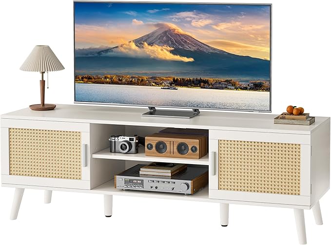 SUPERJARE TV Stand for 65 Inch TV, Entertainment Center with Adjustable Shelf, Rattan TV Console with 2 Cabinets, Media Console, Solid Wood Feet, 4 Cord Holes, for Living Room, White-8750W