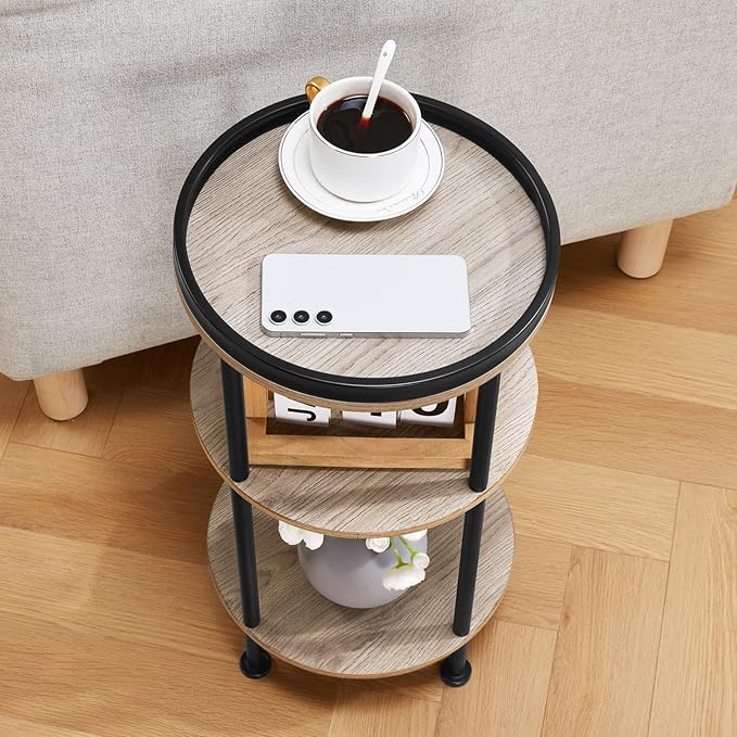 Side Table, Small Round Side Table for Small Spaces, 3-Tier Round Accent Table Slim Side Table, Modern Sofa End Table Corner Table for Living Room Nightstand Bedroom (Oak)
