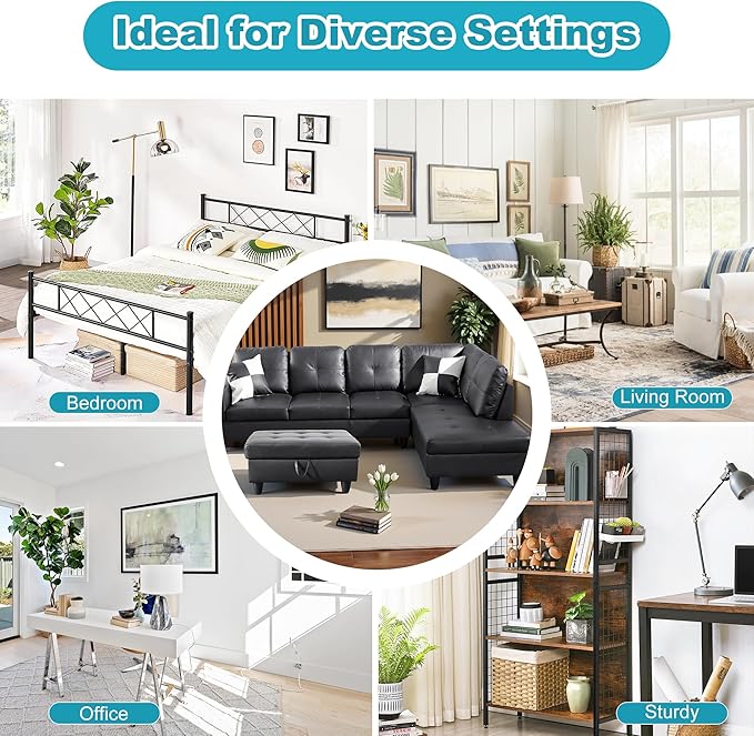 Couches for Living Room Faux Leather L Shaped Couch Comfy 3 Pieces Sectional Sofa with Chaise, Ottoman with Storage for Office and Small Apartment, Black