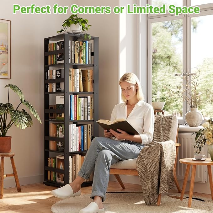 Homykic Rotating Bookshelf, Bamboo 360 Display Spinning Bookshelf Tower, 5-Tier Small Corner Bookcase for Small Spaces, Narrow Revolving Book Shelf Organizer Rack for Home Office, Black