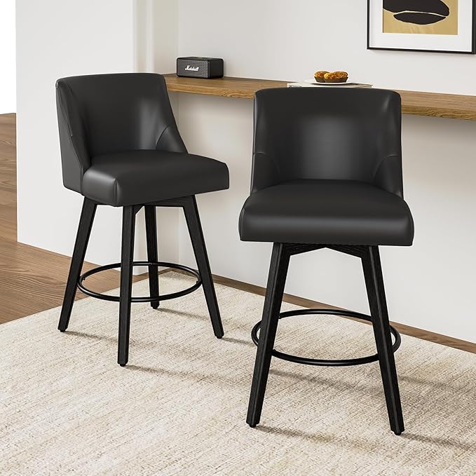 26.8 Inch Counter Height Bar Stools with Back, Swivel Bar Stools Set of 2, Modern Kitchen Barstools with Footrest, Faux Leather Upholstered Bar Chairs, Solid Wood Legs for Island, Pub, Black