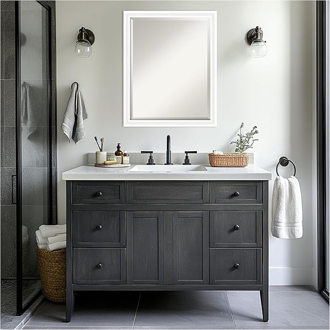 Amanti Art White Bathroom Mirror for Over Sink, 25x31 Oliver White Narrow Rectangle Vanity Mirror, Large Modern Wood Frame, Hangs Horizonally and Vertically, Bathroom Wall Decor, Beveled Edge