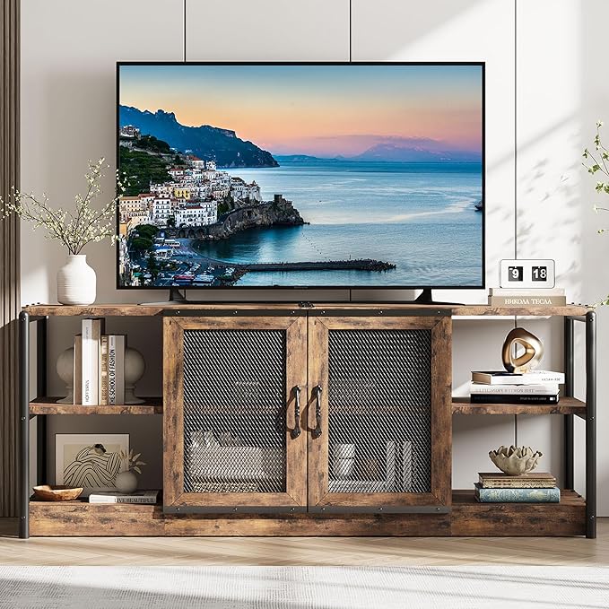 GarveeHome Farmhouse TV Stand for 65/75 inch TV, Entertainment Center with Storage Cabinet, Industrial TV Console Cabinet with Mesh Doors, 63" Rustic TV Media Console Table for Living Room, Vintage
