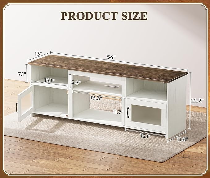 PRAISUN TV Stand for 60 Inch TV, TV Console Cabinet with Power Outlets and LED Lights, 54 Inch Entertainment Center, 2 Acrylic Cabinets, 4 Cable Holes, Open Shelves, for Living Room, Distressed White