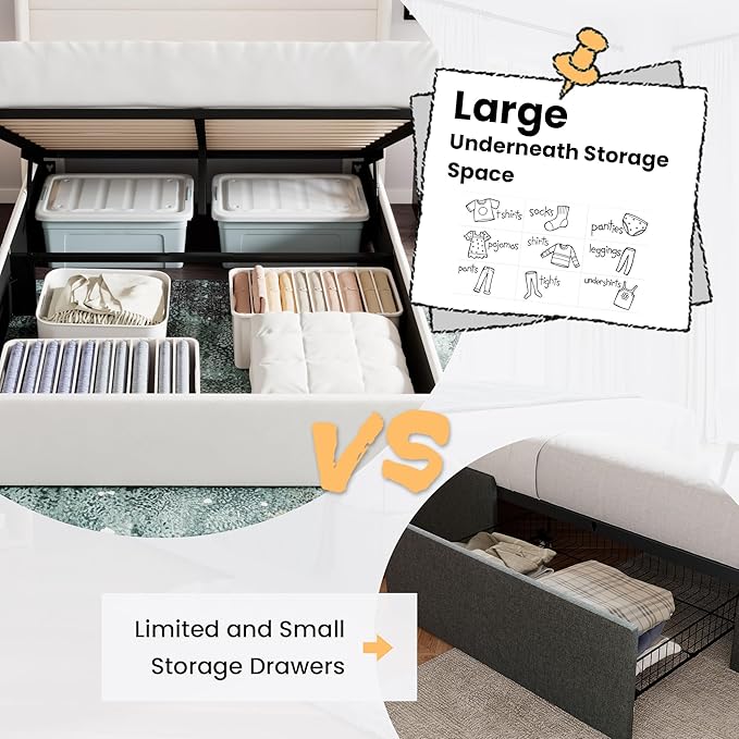 SHA CERLIN Queen Size Lift Up Storage Bed/Velvet Upholstered/Modern Wingback Headboard/Upholstered Platform Bed Frame/Hydraulic Storage/No Box Spring Needed/White