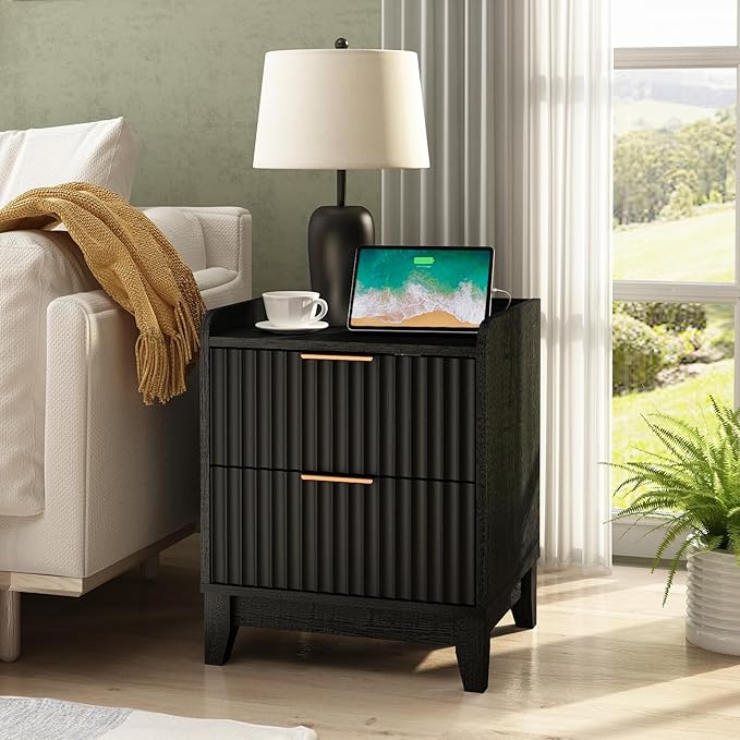 Wnutrees Fluted Nightstand with Charging Station, Modern Bedside Table with 2 Drawers, Farmhouse Wooden End Side Table Living Room, 2 Pack, Black