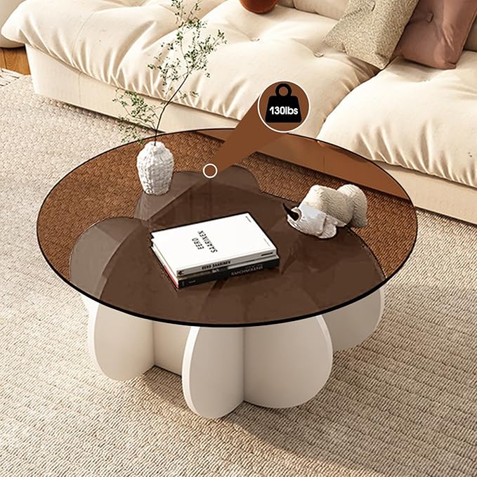 Round Coffee Table, Modern Glass Coffee Table for Living Room, Unique White Center Table with Tempered Glass Top & Solid Wood Legs, Circle Amber Accent Table for Small Spaces