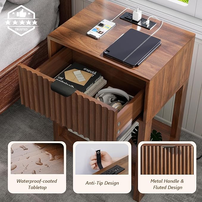 Night Stand Set 2, Fluted Nightstand with Charging Station, Wood Bedside Table with Drawer & Storage Shelf, Modern End Tables for Bedroom Sofa Couch Office, Walnut