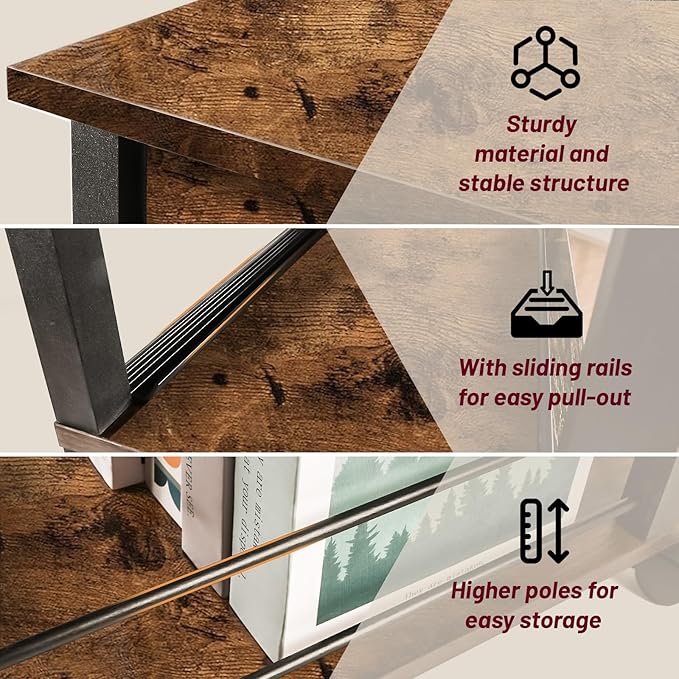 Side Table with Charging Station and Drawer, Narrow End Table with USB Ports and Outlets for Small Space, Living Room, Bedroom and Office, with 4 Wheels (1, Rustic Brown + Black)