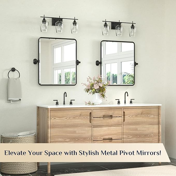 Keonjinn Pivot Mirror Bathroom, 20 x 24 In Beveled Tilt Mirror Bathroom, Matte Black Farmhouse Rectangular Metal Framed Mirrors, Rounded Corner Rectangular Vanity Mirrors for Wall, Horizontal/Vertical
