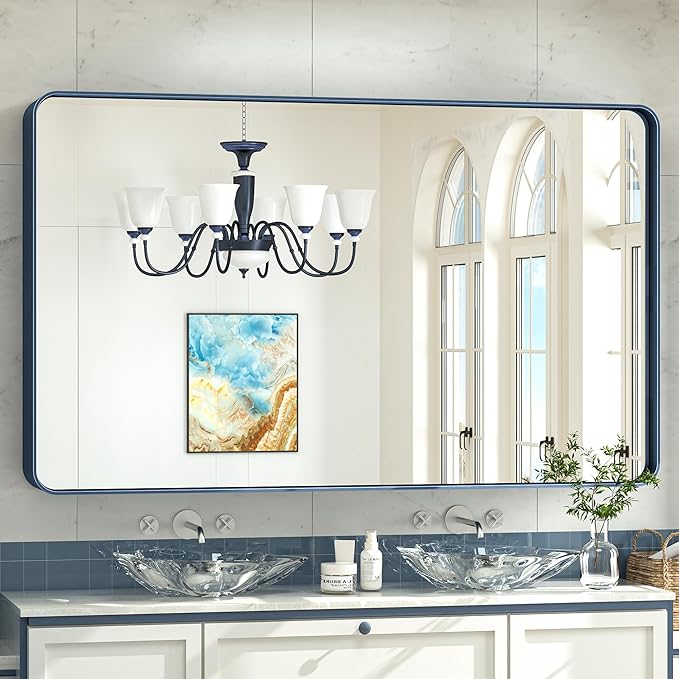 TokeShimi 60 x 36 Inch Blue Bathroom Vanity Mirror for Wall with Non-Rusting Aluminum Alloy Matte Metal Frame for Modern Farmhouse Home Decor (Horizontal/Vertical)