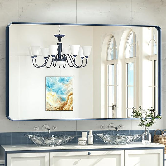 TokeShimi 60 x 36 Inch Blue Bathroom Vanity Mirror for Wall with Non-Rusting Aluminum Alloy Matte Metal Frame for Modern Farmhouse Home Decor (Horizontal/Vertical)