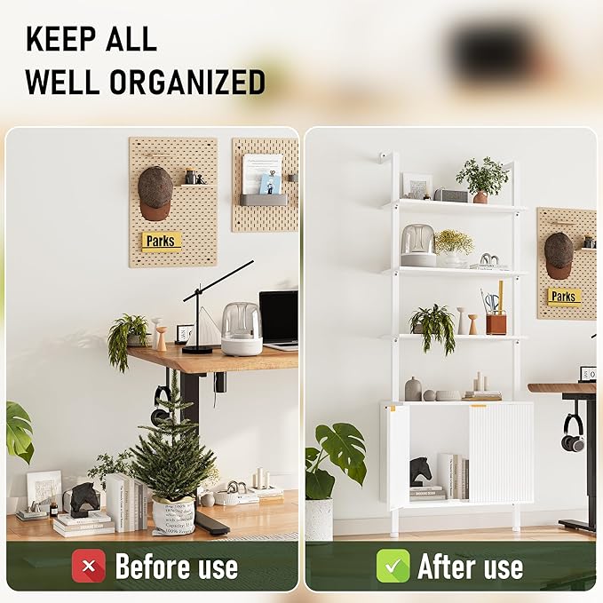 74" Tall Bookshelf with Storage Cabinet, Modern Ladder Shelf with Wood and Metal Frame, Wall Mount Bookcase Open Display Shelf Furniture for Living Room, Bedroom, Home Office, White