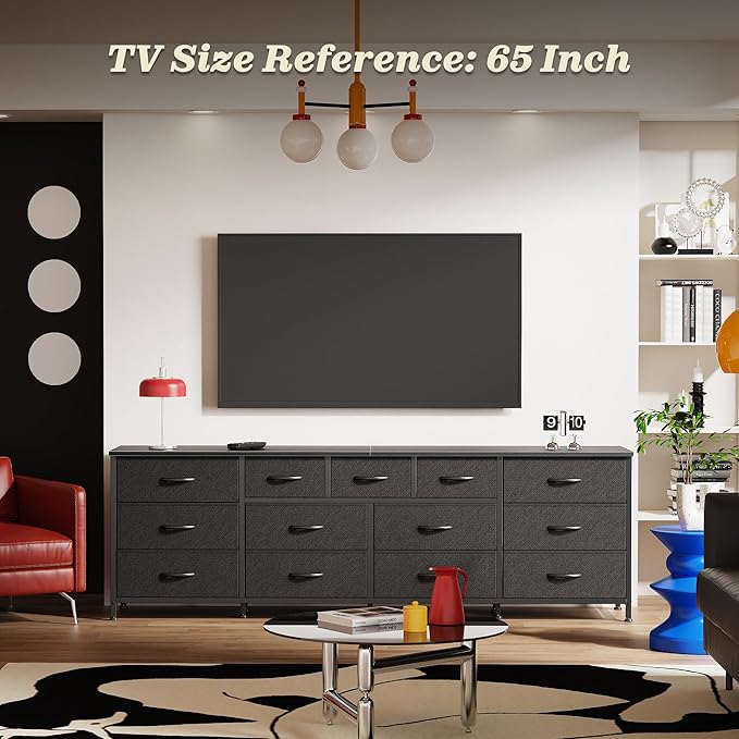Huuger 70 Inch Black Dresser for Bedroom, TV Stand for 65, 75, 80 Inch TV, 13 Fabric Drawer Long Dresser, Wide Chest of Drawer, Storage Units for Bedroom