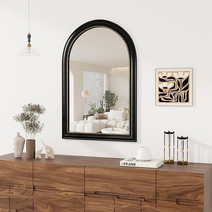 Axeman 24x36 Arched Wall Mirror, Decorative Bathroom Mirror, Traditional Vintage Wall Mounted Mirror with Beaded Frame for Accent Living Room Vanity Bedroom Entryway, Black