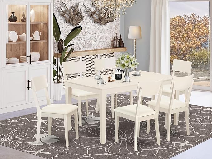 East West Furniture CAAD7-LWH-LC 7 Piece Dining Table Set Consist of a Rectangle Wooden Table and 6 Faux Leather Dining Room Chairs, 36x60 Inch, Linen White