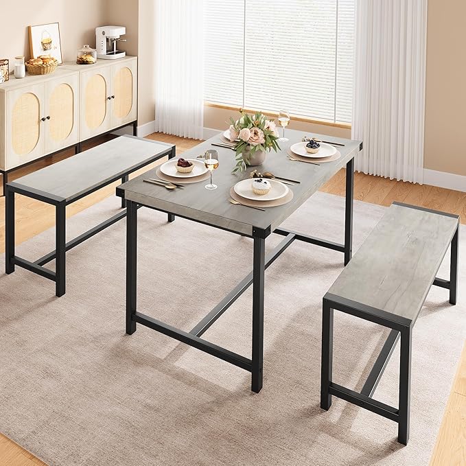 Dining Table Set for 4 with 2 Benches, 3-Piece Kitchen Table Set, Space-Saving Dining Set for Kitchen, Dining Room, Gray