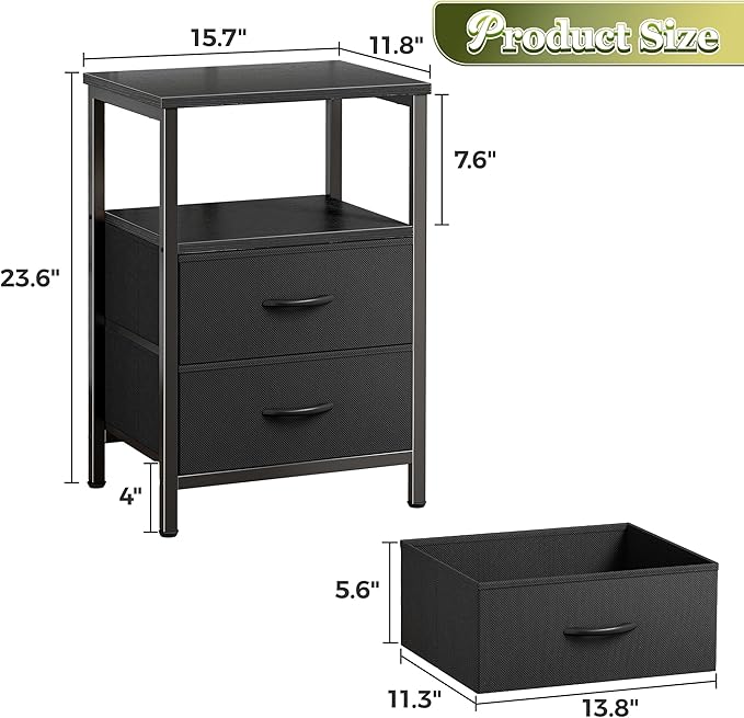 Huuger Night Stand Set of 2, Nightstand with 2 Drawers, Bed Side Table with Open Shelf, Wooden Top, End Table, Fabric Drawer, for Bedroom, Black