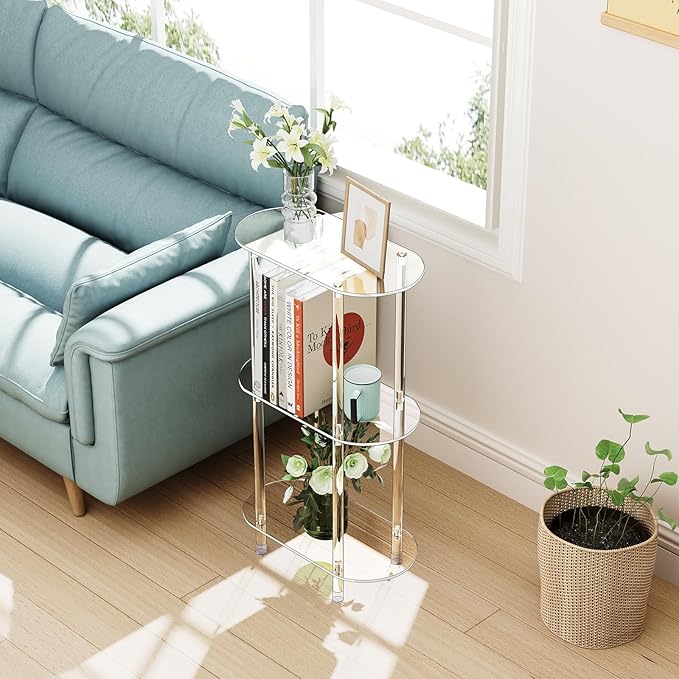 Clear Acrylic Narrow Side Table for Small Spaces, 15.75" L x 7.87" W x 26.7" H, 3 Tier Oval Slim End Table Nightstand, Small Minimalist Skinny Bedside Table for Bedroom, Bathroom, Living Room